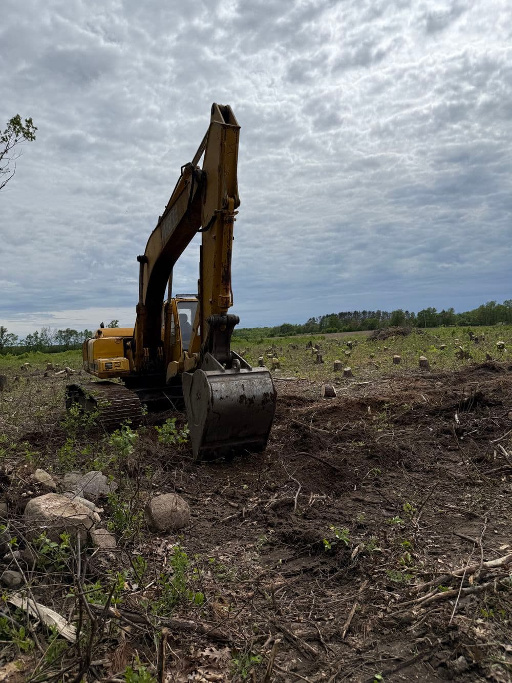Yellow excavator on a deforested landscape under a cloudy sky, preparing land for construction.